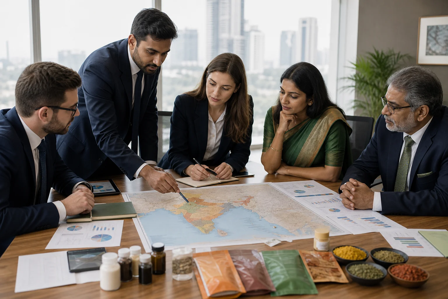 Flags of Russia and India during business negotiations on entering the Indian market