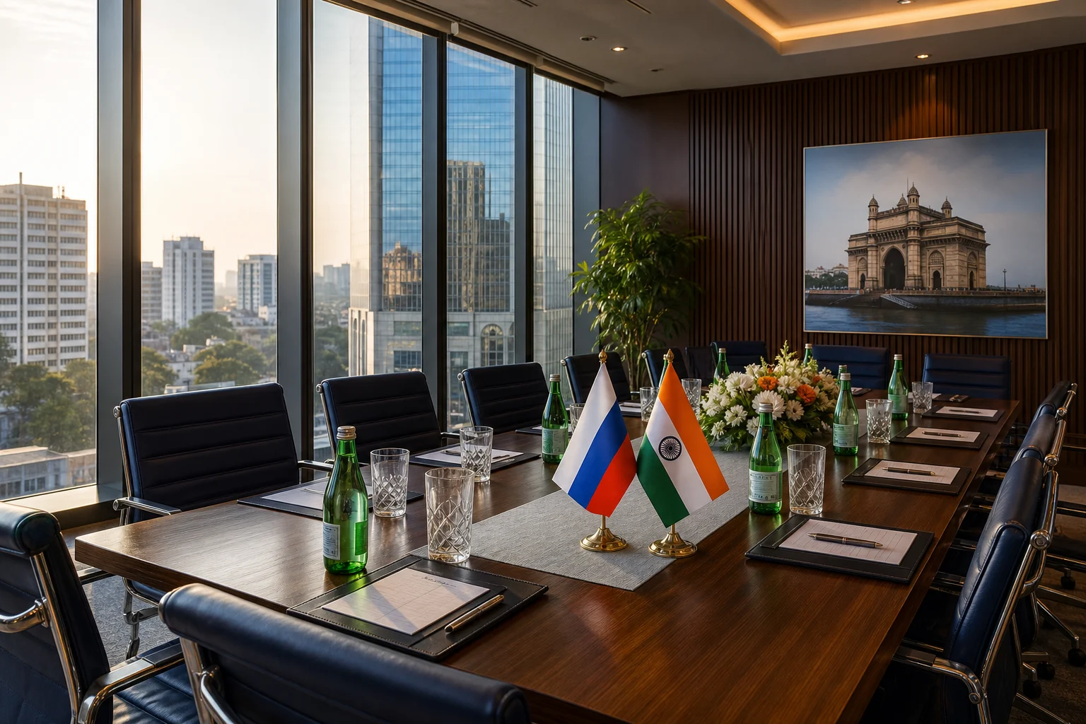 Office of the Leningrad region business site in Mumbai with Russian and Indian flags